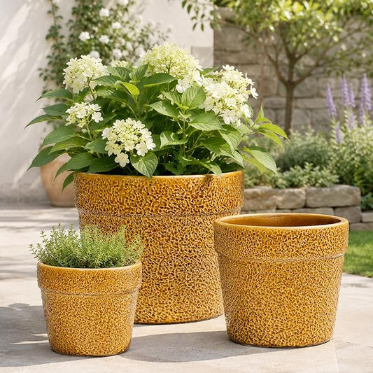 Ceramic Planters Set of 3, 15/12/9 Inch Indoor & Outdoor Large Plant Pots with Drainage Hole, Handmade Speckled Glaze Decorative Flower Pots for Indoor Plants, Patio & Garden, Antique Yellow