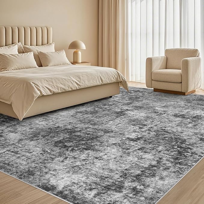 Tortania Washable 9x12 Area Rug for Living Room: Modern Abstract Neutral Large Soft Thin Rugs - Non Slip Indoor Carpet for Bedroom Dining Room Office Nursery Home Floor Decoration - Charcoal Grey