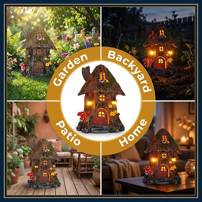 COWOS Solar Powered Mossy Tree House Sculpture with Doors, Windows, Street Lamp & Chimney - LED Outdoor Garden Decor