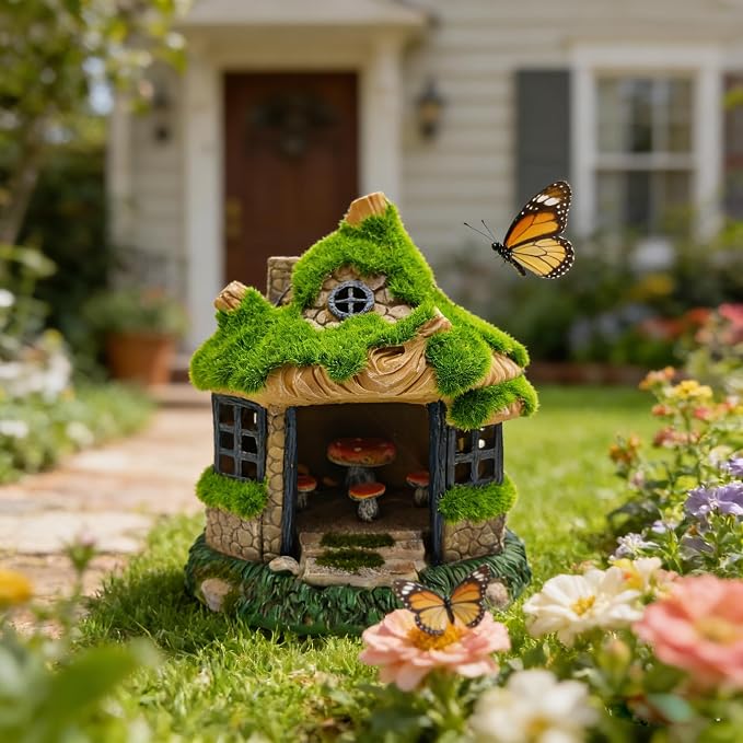 COWOS Fairy Garden House, Flocked Moss Miniature Cottage for Outdoor Yard Decor, Weather-Resistant Resin Forest House with Mushroom Furniture, Fairy Garden Accessories for Patio, Lawn, Home, and Gift