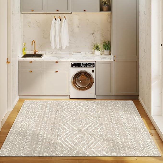 Miukiki 3x5 Washable Area Rug Moroccan Soft Non Slip Entryway Rug Brown | Machine Washable 3x5 Rug for Bedroom Kitchen Living Room, Low Pile Indoor Floor Carpet with Vintage Pattern
