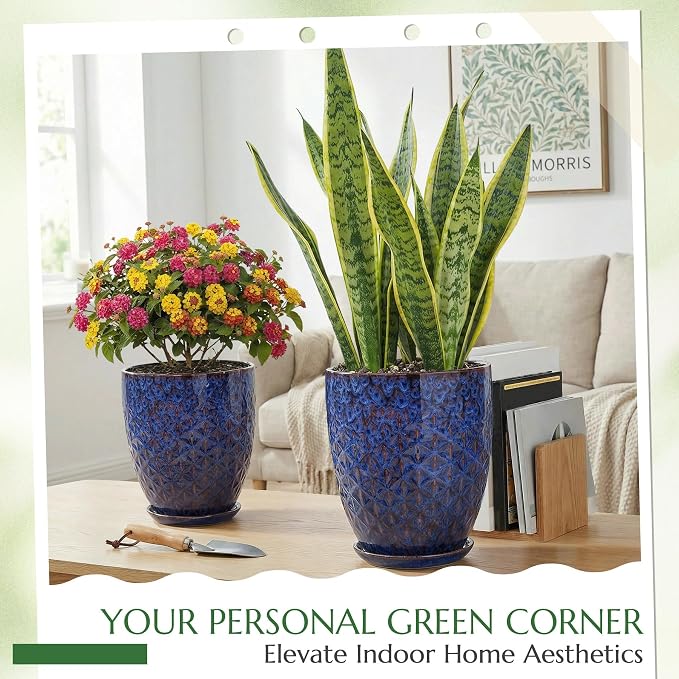 11.8 Inch Flower Pots for Indoor Plants,Ceramic Planter with Saucer Drainage Leak-Proof Mesh Gardening Gloves (Peacock-Blue)