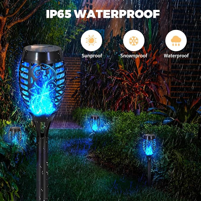 Solar Torch Flame Lights, Flickering Flame LED – Waterproof Solar Garden Lights for Patio, Yard, Pathway, Landscape & Backyard Décor (Blue-8 Pack)
