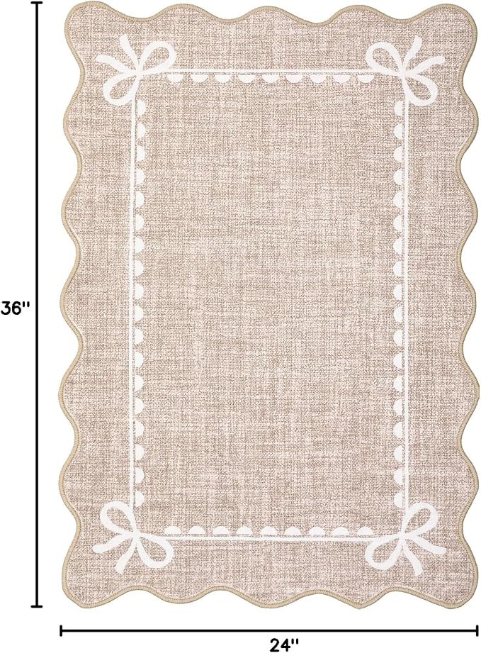 GarveeHome Scalloped Entryway Rug 2x3 Washable Front Door Bow Rug, Camel | Non Slip Soft Low Pile Ultra-Thin Stain Resistant Indoor Carpet for Girls Dorm Nursery Bedroom Decor Hallway Kitchen Floor