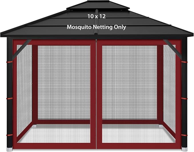 Gazebo Replacement Mosquito Netting Outdoor Universal Gazebo Canopy 4-Panels Screen Sidewalls with Zipper for Patio Garden (Red, 10x12)
