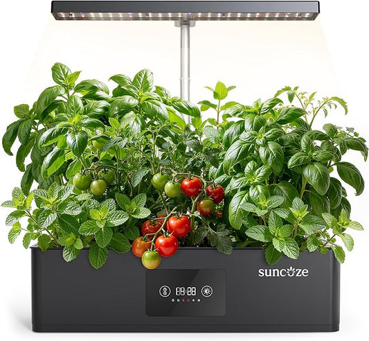 SUNCOZE Hydroponics Growing System Kit with 24W Dimmable LED Light, Black | 12 Pods Indoor Herb Garden with Timer & Local Time Setting, Adjustable Height, Smart Countertop Garden for Home & Kitchen
