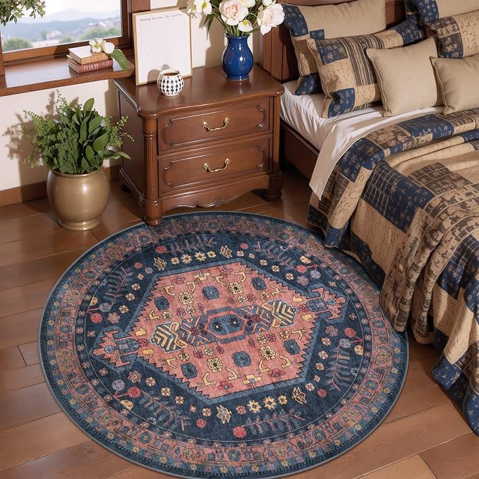 Ciicool 3ft Round Small Area Rug for Entryway,Circle Navy Mat | Washable Soft Non-Slip Low-Pile Oriental Indoor Mat Boho Entry Carpet for Entryway Bedside Living Room Laundry Bathroom