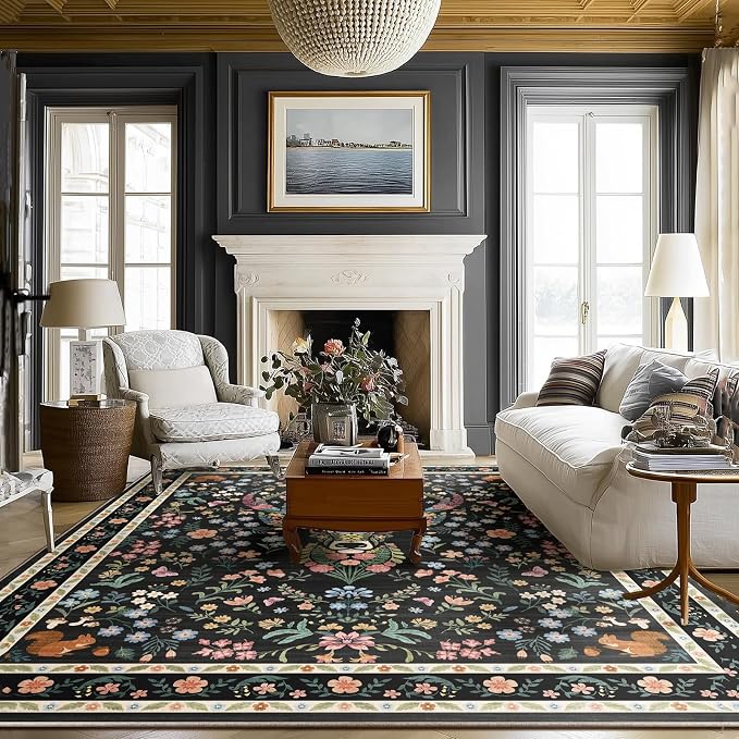 Area Rug Vintage Floral Deer Pattern 8x10 - Bohemian Forest Animal Carpet with Squirrel & Butterfly, Soft Decorative Area Rug for Living Room Bedroom Home Decor