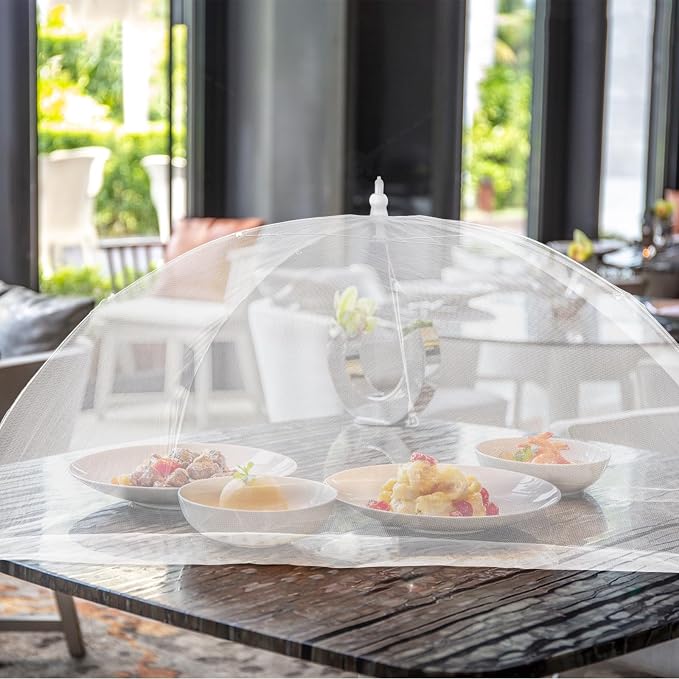 Food Covers, 1 Extra Large (40"X23.7") & 4 (17"X17"), 5 Pack White Mesh Plate Serving Tents, Pop-Up Umbrella Screen Tents, Jumbo Food Net for Outdoor Picnics Parties BBQ, Collapsible Reusable