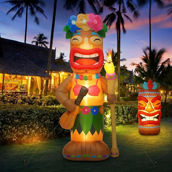 Shappy 5ft Inflatable Tiki Guitar Lighted Blowup Hawaiian Pool Party Decor | Luau Tropical Inflatables Giant Outdoor LED Tiki Blow up Aloha Bar Beach Summer Pool Surfing Party Decorations