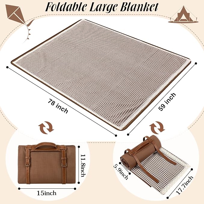 VitalCozy Waterproof Picnic Blankets 59 x 78in Outdoor Blanket Foldable 2 in 1 Double Layer Sandproof Beach Mat with Carry Strap for Camping Lawn Park Beach Grass(Coffee White)