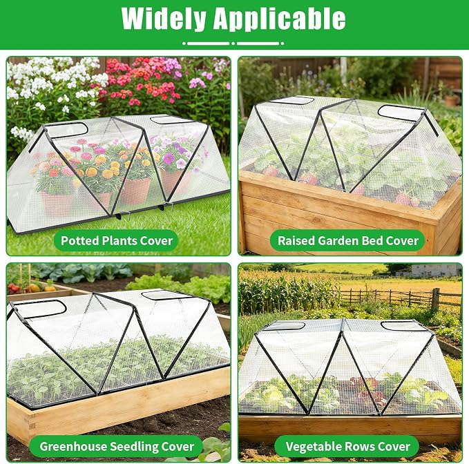 2Pack Foldable Garden Plants Covers with Two Dual Layer Skylights, 47.2" X 14.2" X 13" Raised Bed Greenhouse Cover, Garden Frost Protection for Vegetable Flower Fruits from Animals, Include 16 Stakes