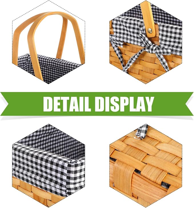 Patelai Wicker Picnic Basket Natural Hand Woven Basket with Double Folding Handles, Willow Hamper Baskets with Blanket for Outdoor Picnic Summer Spring Camp Family(Black and White Grid)