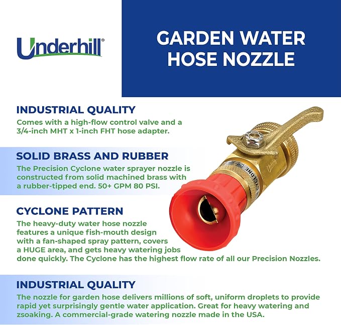 Underhill Precision Cyclone Garden Water Hose Nozzle with High Flow Control Valve, 50+ GPM 80 PSI, 3/4-Inch MHT by 1-Inch FHT Adapter, HN5000CV