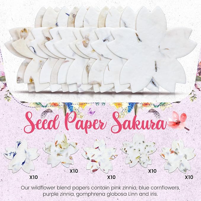 Dunzoom 50 Pcs Handmade Seed Paper Plantable Wildflower Seed Paper Recycled Flower Petals Tags Wedding Favors for Guests Craft Gifts Cards for Envelope Birthday Party, 5 Styles (Flower Shape)