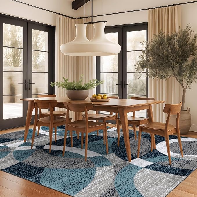 Rugshop Overlapping Circle Modern Geometric Area Rug Blue 7'10" x 10'2" | Indoor, Non-Shedding, Rectangular, Size 7'10" x 10'2", Living Room, Bedroom, Dining Room, Home Office, Kitchen, Entryway