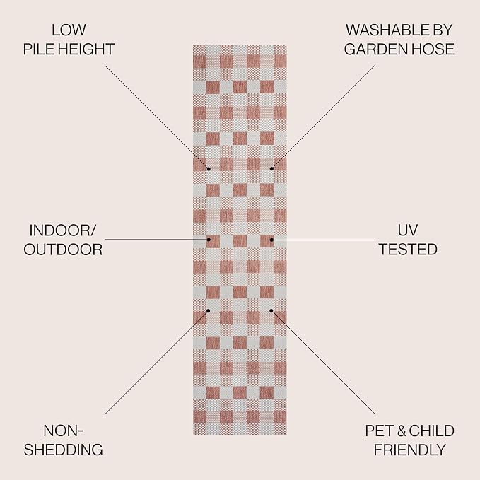 JONATHAN Y Geometric Bold Gingham Indoor Outdoor Runner Rug 2X8 Salmon/Cream, Darcy Traditional for Backyard, Patio, Porch, Easy-Cleaning, High Traffic, Pet-Friendly, Non-Shedding (TSN201B-28)