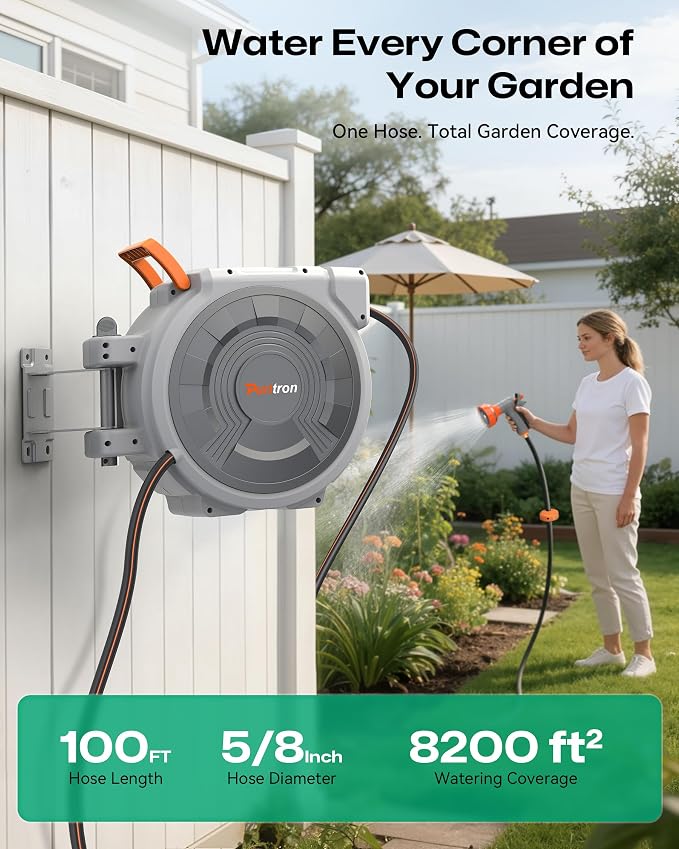 Retractable Garden Hose Reel 5/8"x100ft, 3-Ply Reinforced water hose reel, Any Length Lock, Heavy-Duty Rust Prevention Metal Mount, Brass Fitting, 9 Spray Nozzle for Lawn & Gardening