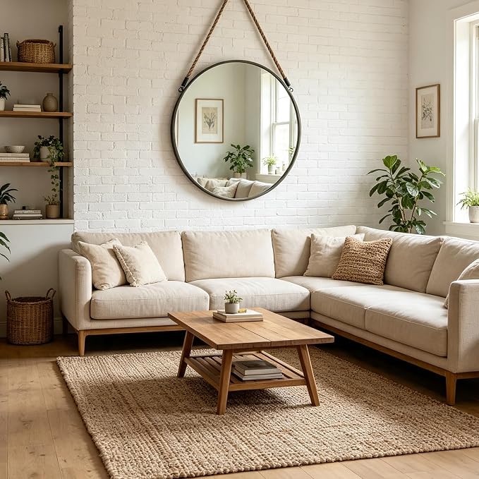 POZINO 30 Inch Large Round Hanging Mirror with Grey Metal Frame | Circle HD Mirror with Jute Rope, Anti-Rust, Farmhouse Decorative Wall Mirror for Entryway, Living Room, Fireplace, Bathroom