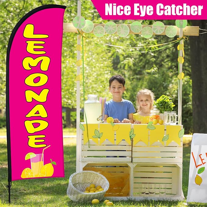 Buryeah Lemonade Feather Flag for Business Advertising 7 x 5.4ft Feather Flag Sign with Flagpole Ground Stake Portable Bag Lemonade Themed Banner with Rope for Outside Garden Business Party(Rose Pink)