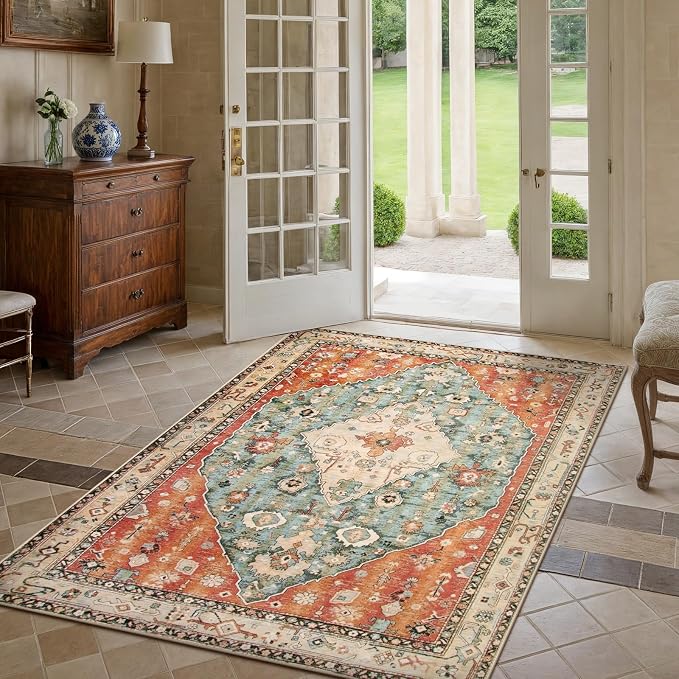Lahome Felice Boho Tribal 4x6 Washable Rugs for Bedroom, Soft Non-Slip Area Rugs for Living Room, Vintage Oriental Indoor Accent Kitchen Carpet for Dining Room Nursery Camper (Rust/Dull Teal,4x6ft)