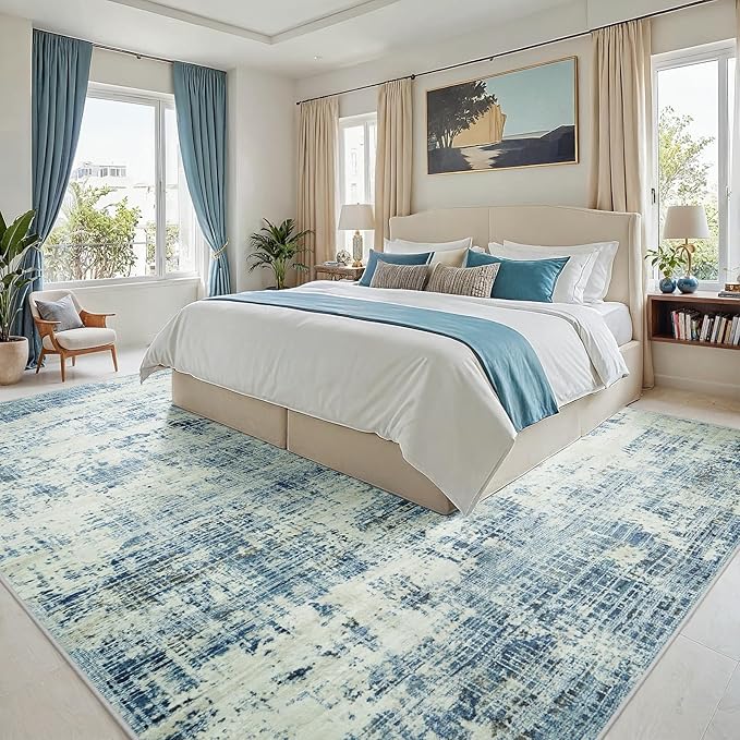 9x12 Washable Area Rug for Living Room Bedroom: Non-Slip Modern Blue Gray | Machine Washable TPR Backing, Stain-Resistant Low Pile, Pet & Kid Friendly, Abstract Decor for Dining Room, Dorm, Home Office