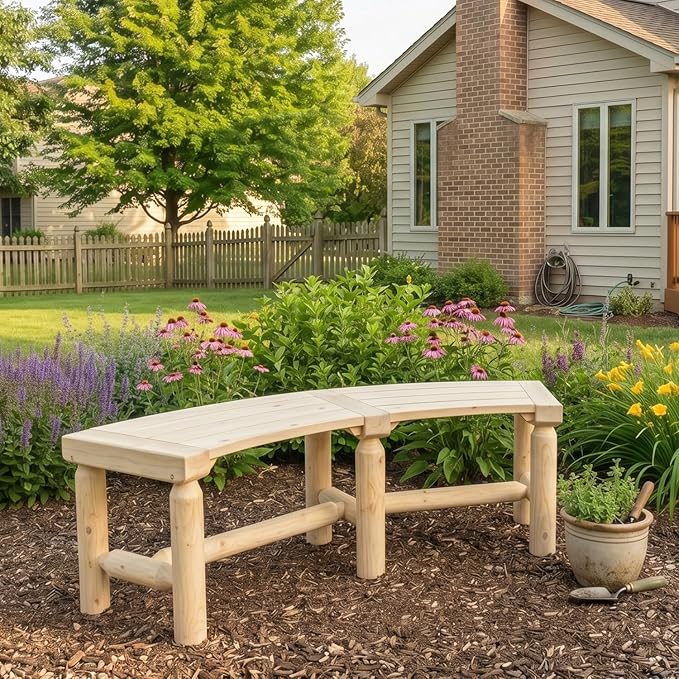 FORTUNO Outdoor Wooden Curved Backless Porch Bench Rustic Style Cedar/Fir Wood Log Fire Pit Bench for Patio Garden Deck and Backyard, 40"-54" W×13" D×16.5" H, Natural
