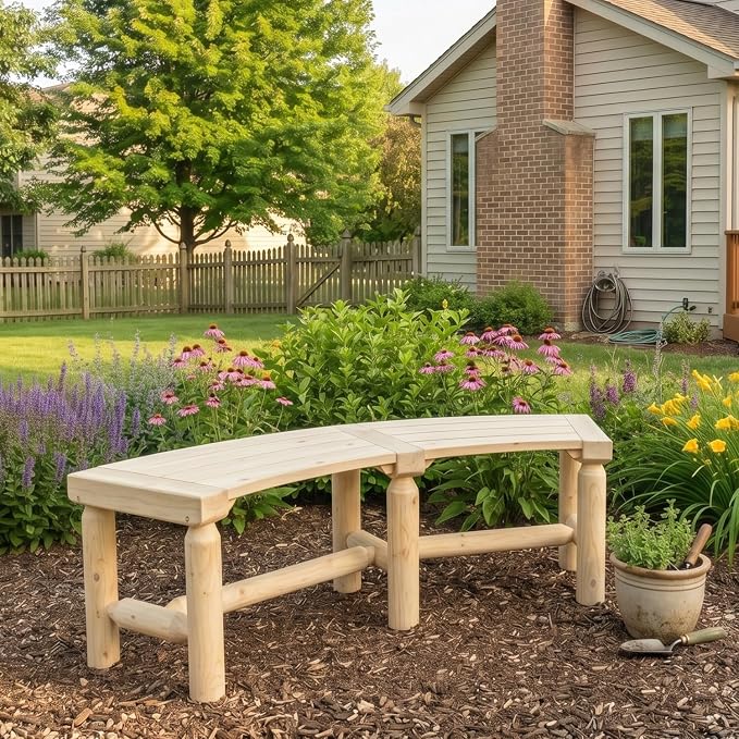 FORTUNO Outdoor Wooden Curved Backless Porch Bench Rustic Style Cedar/Fir Wood Log Fire Pit Bench for Patio Garden Deck and Backyard, 40"-54" W×13" D×16.5" H, Natural, 2 Packs