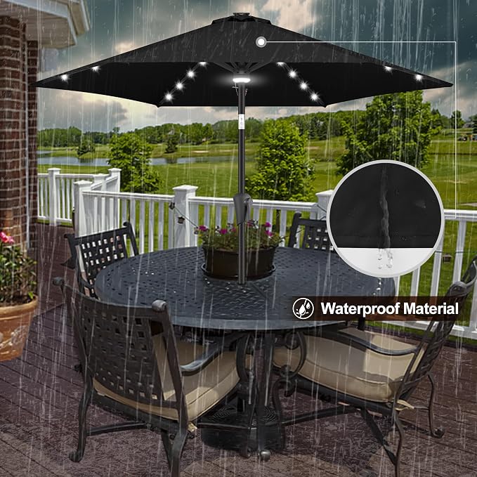 FLAME&SHADE 7.5 FT Solar Light Patio Umbrella, 24 LED Lights Outdoor Umbrella with Centre Surround Light, Table Umbrella Outdoor Patio for Deck, Pool, Backyard, Garden, UV Protection (Black)