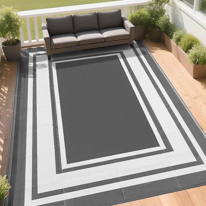 RURALITY Outdoor Rugs 6x9 Waterproof for Patios Clearance,Plastic Straw Mats for Backyard,Porch,Deck,Balcony,Reversible,Grey&White
