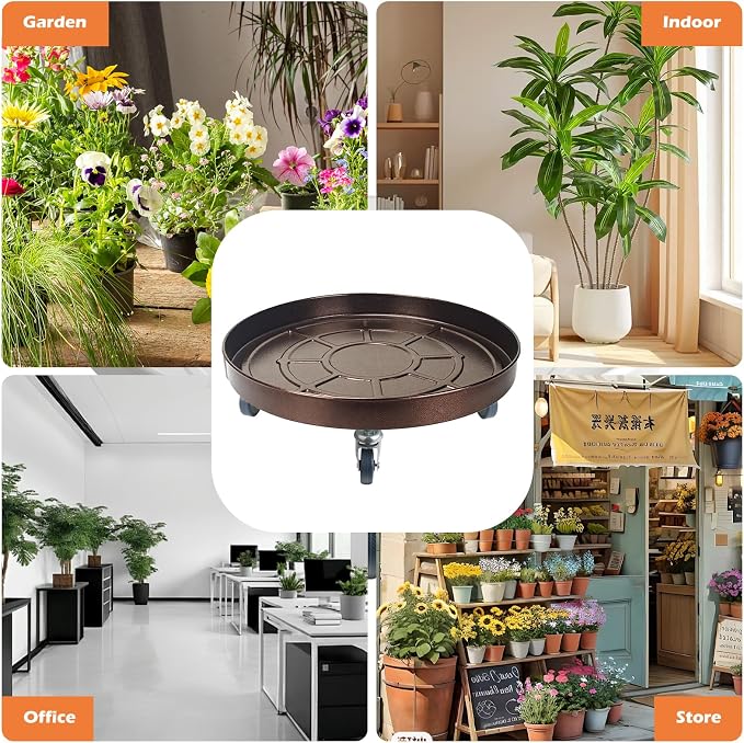 16 Inch Heavy Duty Plant Stand on Wheels, Round Plant Caddy with Wheels for Indoor & Outdoor Use, Metal Rolling Tray for Potted and Small Furniture (Copper 2 Pcs)