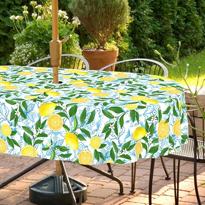 Outdoor Tablecloth with Umbrella Hole and Zipper, Oval Patio Table Covers for Spring/Summer, Machine Washable Outdoor Picnic Table Cloth (Lemon, 60" × 102" Oval)