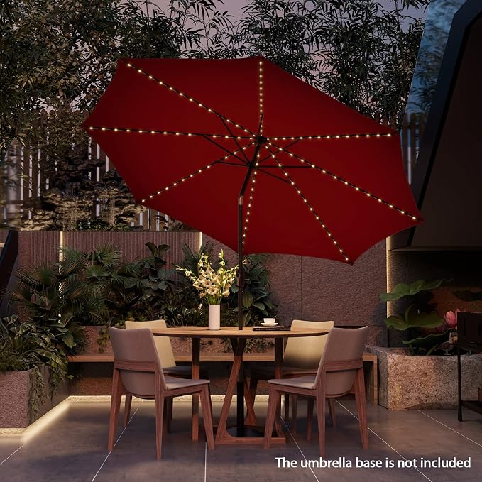 HAPPYGRILL 10 FT Solar Patio Umbrella with 112 LED Light, Outdoor Umbrella with Tilt Adjustment, Crank System, 8 Metal Ribs & Vented Top, Deck Table Market Umbrella for Garden Pool Deck Yard