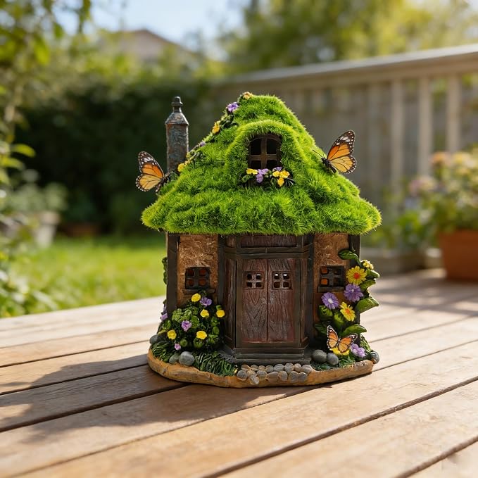 COWOS Solar Powered Fairy Tree House Sculpture with Flocked Roof & Chimney - Whimsical Outdoor Garden Decor with LED Lights