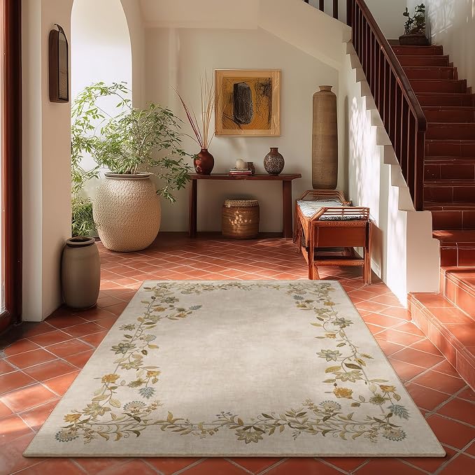 4x6 Washable Area Rugs for Entryway: Small Rug Stain Resistant Non Slip Low Pile Soft Faux Wool Lightweight Throw Rugs for Living Room Bedroom Kitchen Bathroom Laundry Room Indoor Entry Home Office