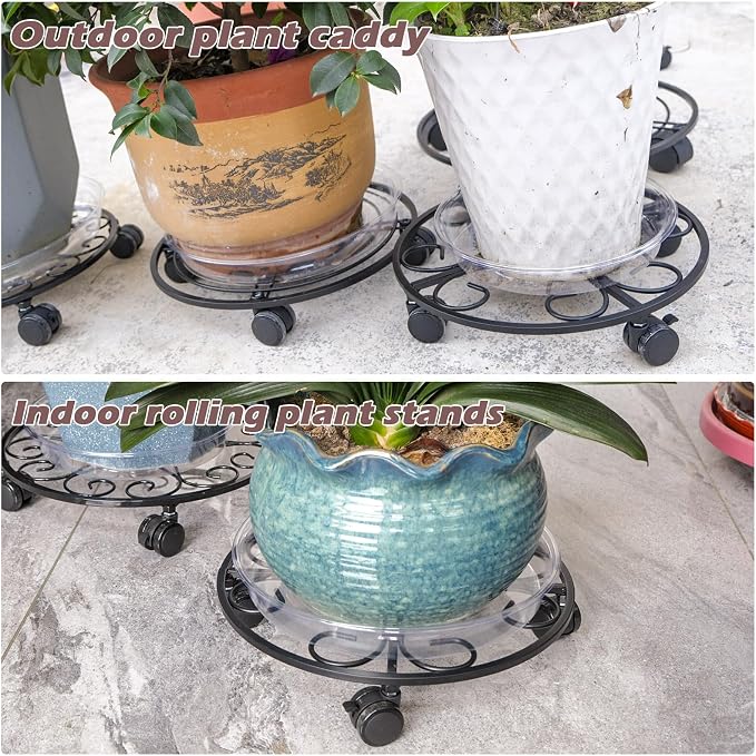 13.5" Metal Plant Caddy with Wheels 5 Packs Large Rolling Plant Stands Indoor Wheeled Plant Dolly Heavy-duty Planter Mover Roller Base Outdoor Plant Trolley Cart Water-proof, Plant Saucers on Wheels