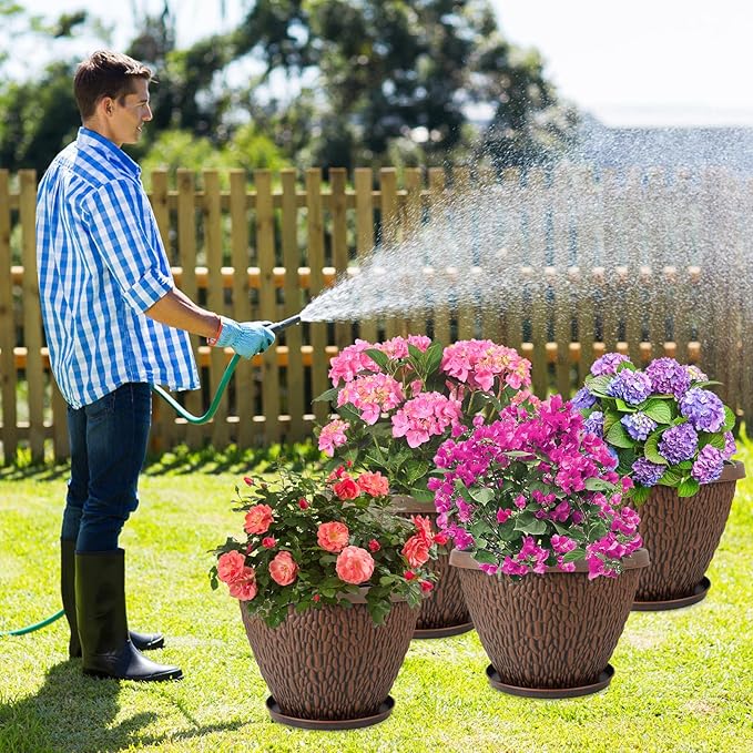 Nooulap 4 Pack 12 Inch Pots for Plants, Plastic Outdoor Flower Pots with Drainage Hole & Tray, Large Planters for Garden Porch Home Indoor Outdoor Decor - Pebbles Pattern Design Plant Pots