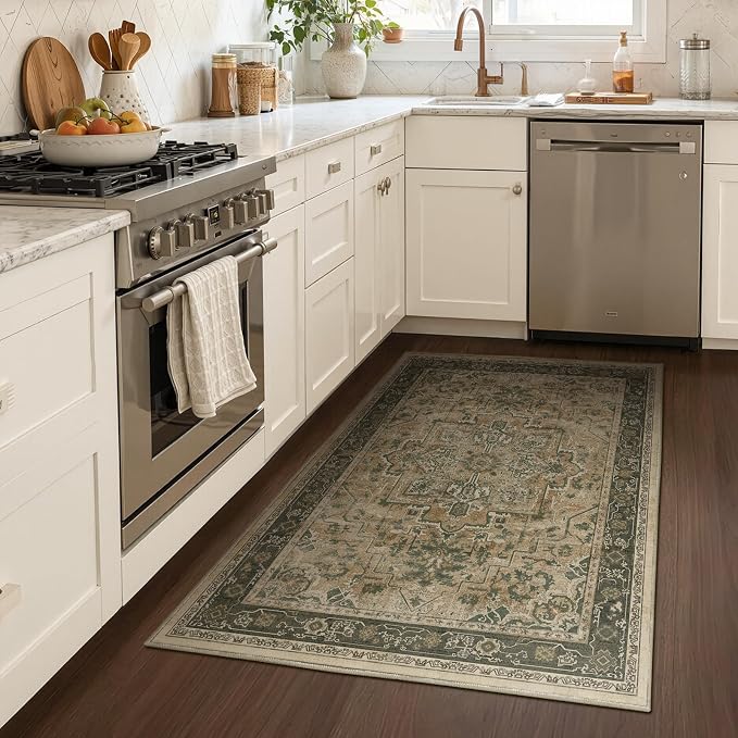 Vintage Medallion 4x6 Area Rugs for Living Room, Washable Non Slip Bedroom Bedside Throw Rug, Distressed Printed Low Pile Carpet for Entryway/Home Office/Kitchen, Multi Brown/Green