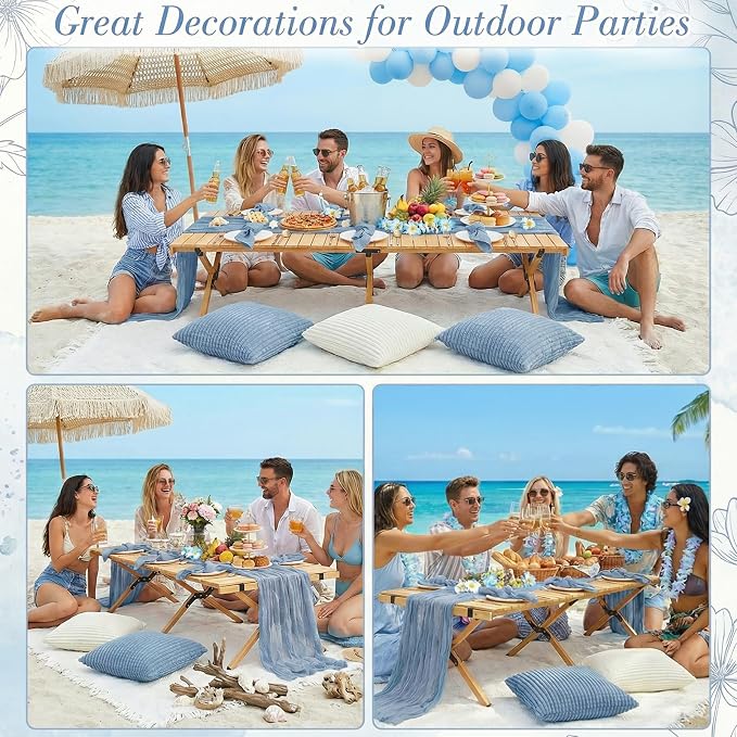 91 x 71 Extra Large Outdoor Boho White Picnic Blanket with Blue Table Runner, 6 Napkins and 6 Throw Pillow Covers Table Decor for Beach Picnic Camp Wedding Party Birthday Baby Shower