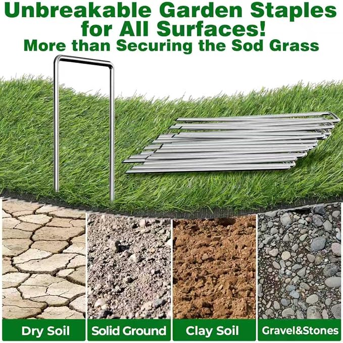 AMAGABELI 6 Inch 50 Pack Galvanized Landscape Staples 11 Gauge Anti-Rust Heavy Duty Garden Stakes Plant Cover Spikes U-Shaped Sod Pins Fence Stakes for Weed Barrier,Irrigation Tubing,Lawns,Decoration
