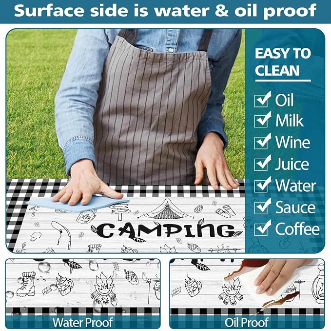Picnic Table Cover with Bench Covers Checkered Camping Tablecloth, Waterproof Windproof Reusable Picnic Table Covers with Drawstring Bag, Outdoor Patio Camping Essentials, 96In 3PCS