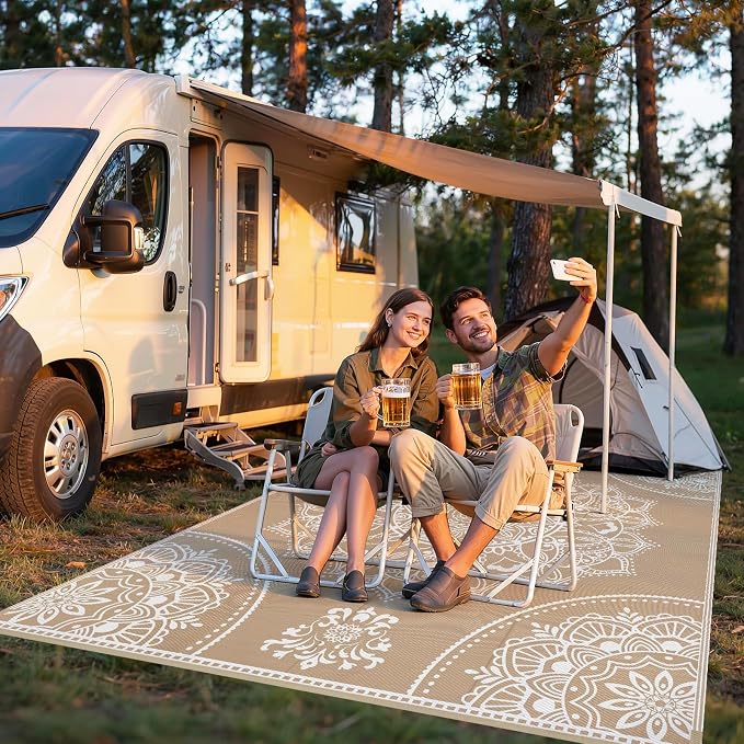 Pauwer Waterproof Outdoor Rug 8x10, Reversible Plastic Straw Patio Camping Rug, Indoor Outdoor RV Mat Carpet for Deck, Camper, Porch, Balcony, Backyard, Picnic, Floral Brown