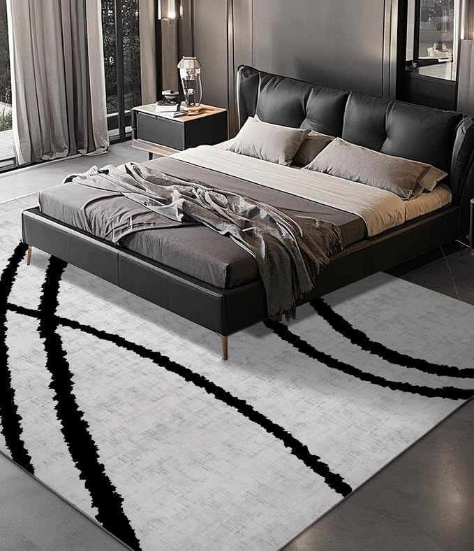 Modern Area Rugs 6x9, Washable Black and White Rug, Thin Abstract Geometric Minimalist Striped Rug, Black Rugs for Living Room,Bedroom,Kitchen,Dining Room,Office