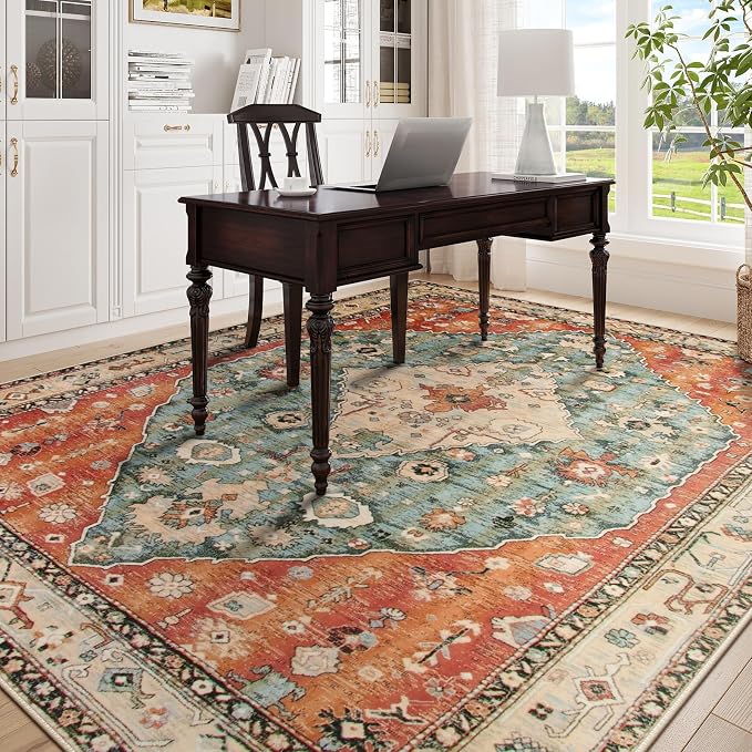 Lahome Boho Tribal 8x10 Area Rugs for Living Room, 8 x 10 Washable Rug for Bedroom Aesthetic, Large Oriental Vintage Soft Dining Room Carpet for Under Table Playroom (Rust/Dull Teal,8x10ft)