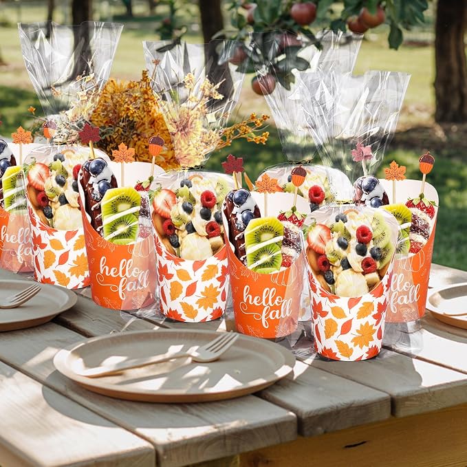 FYSUIMU 50 Pcs 14 Oz Fall Thanksgiving Charcuterie Cups with Sticks Bags Twist Ties Maple Leaves Disposable Appetizer Cup French Fry Holder for Autumn Party Favor Supplies