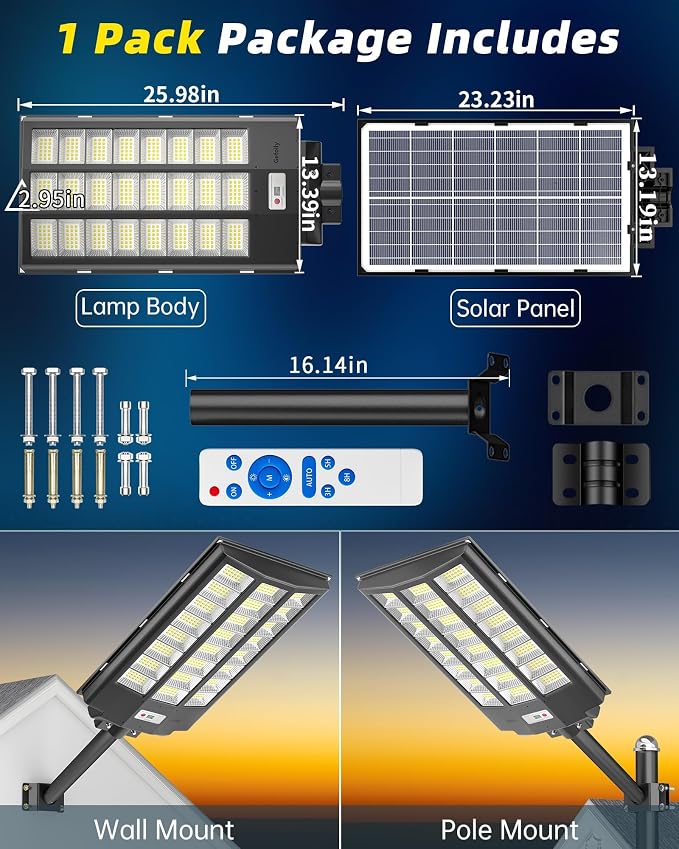 Gefolly SL-8600W Solar Street Lights Outdoor, 680000LM Commercial Parking Lot Light, 6500K Dusk to Dawn IP67 Security Flood Lights Motion Sensor Led Lamp for Basketball Court, Road, Yard