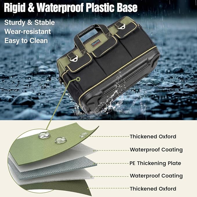 Tool Bag, Ounic 20 Inch Large Tool Tote Bag Heavy Duty With Waterproof Molded Base, Wide Mouth Tool Box Organizer with Adjustable Shoulder Strap for Electrician Mechanic Craftsman Plumbers(Green)