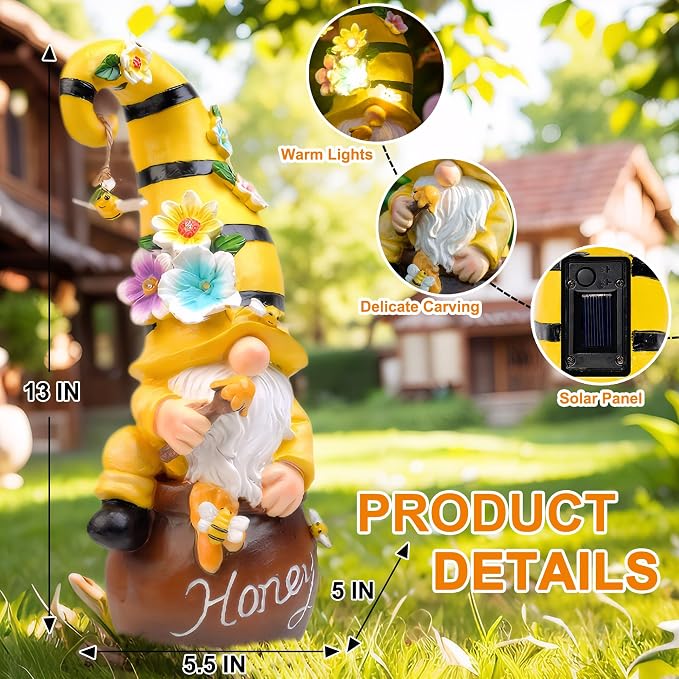 twinbling 13" Garden Solar Spring Gnomes Statues Outdoor | Birthday Gifts from Daughter Son Spring Decor with LED Lighted Bee and Flowers Funny Garden Sculpture for Patio Yard Lawn