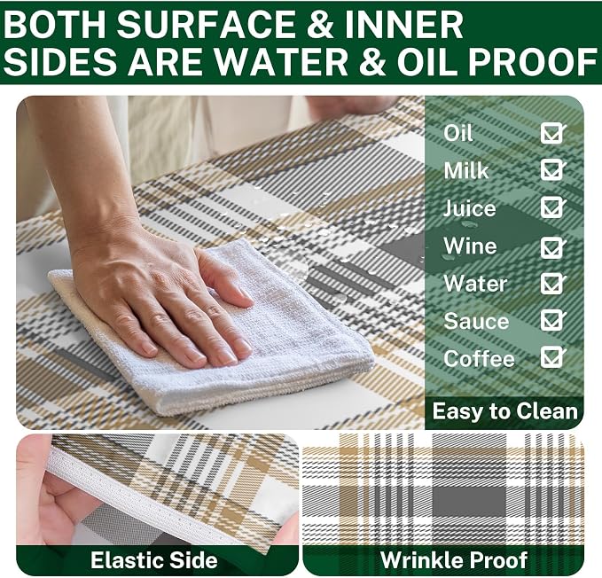 Picnic Table Cover with Bench Covers Elastic Edges, Plaid Beige Fitted Table Cover, Outdoor Patio Camping Essentials 72 Inch 3PCS, Waterproof Camping Fitted Tablecloth with Drawstring Bag