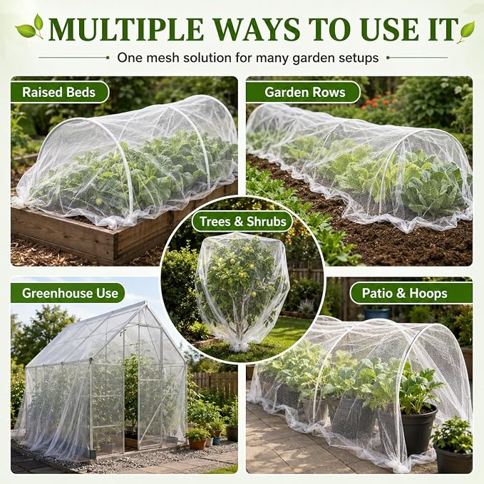 HOOPLE Garden Netting 10 FT x 50 FT, Ultra-Fine Mesh Plant Cover, Bug Netting for Garden, Insect Pest Barrier Row Cover for Vegetables, Fruits & Raised Beds, Lightweight Breathable Garden Mesh Netting